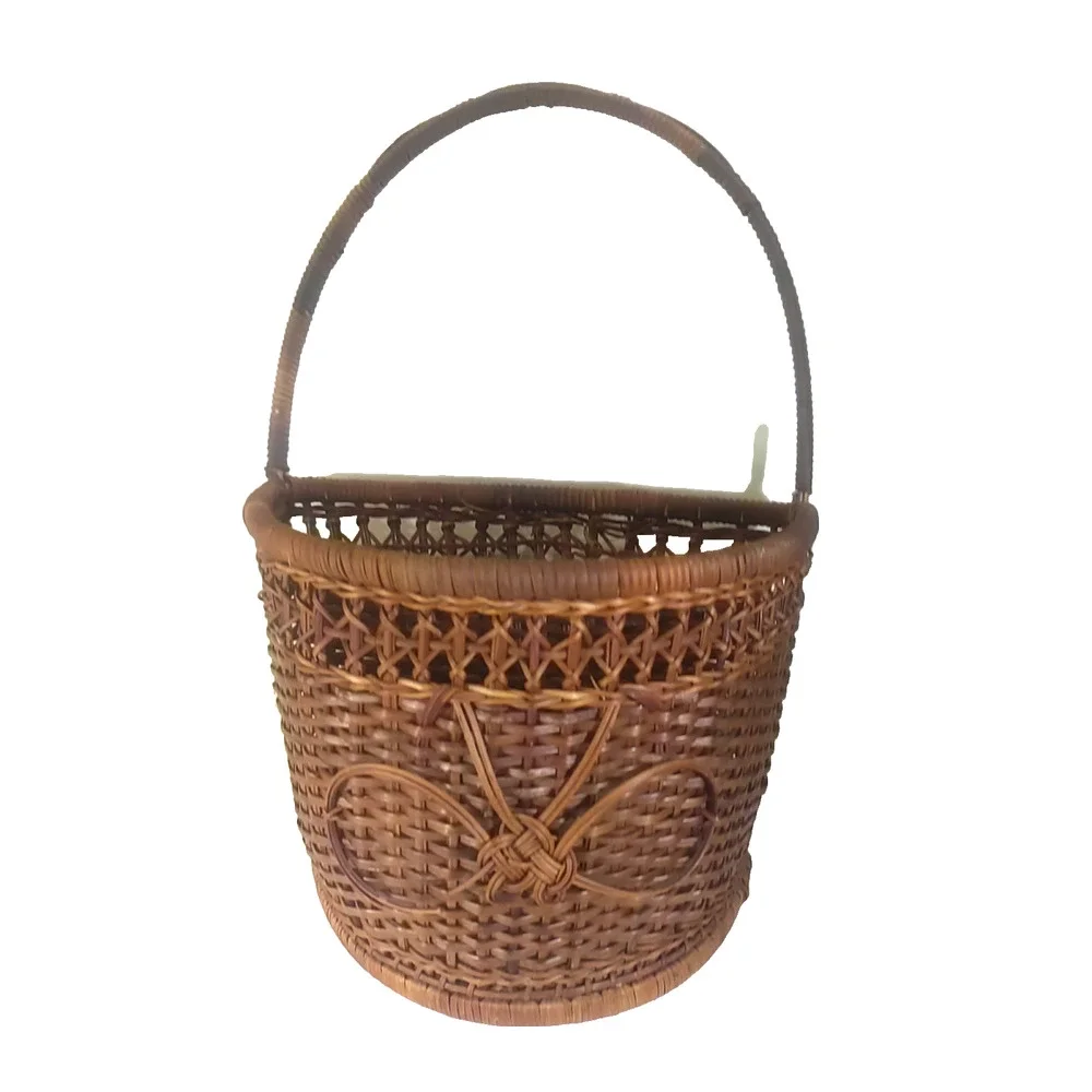 Rattan Wicker Dark Brown Vintage Basket Hanging Handle Plant Storage